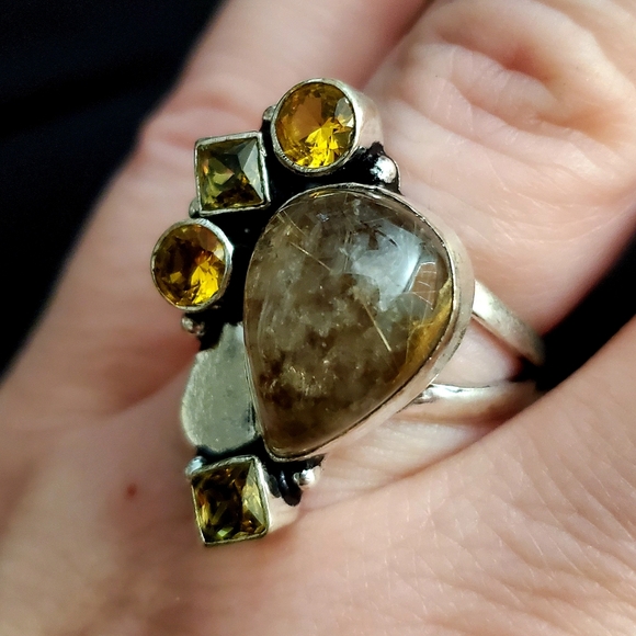 New Golden Rutilated Quartz and Citrine 925 Silver Ring. - Picture 3 of 12
